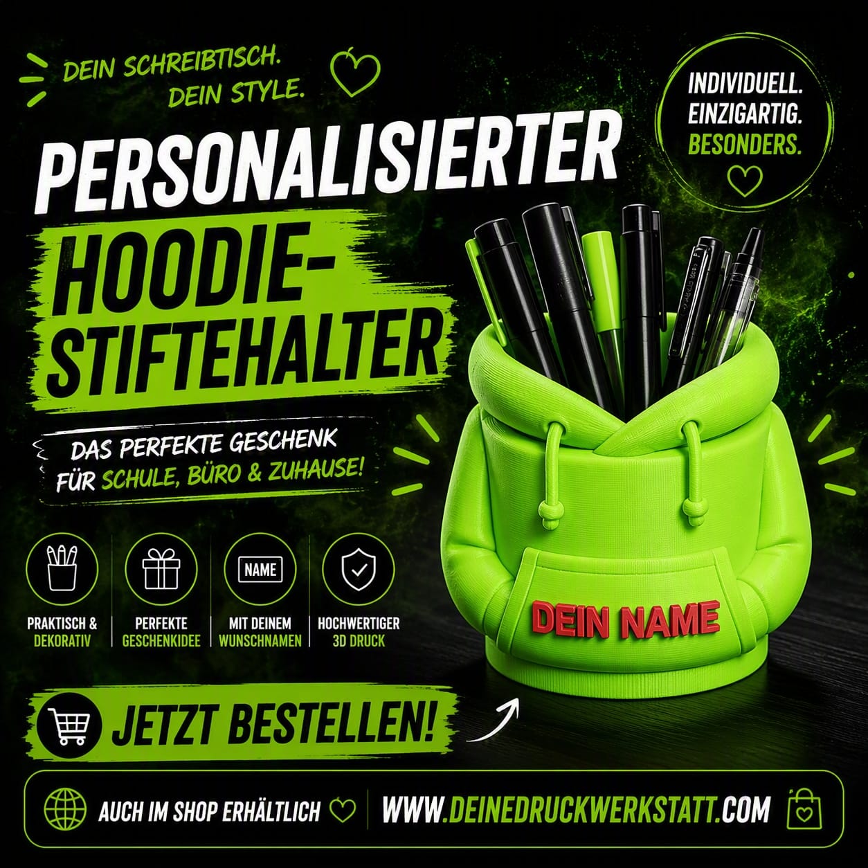 Personalisierter Hoodie Stiftehalter mit Namen – Geschenk für Schreibtisch, Büro & Schule