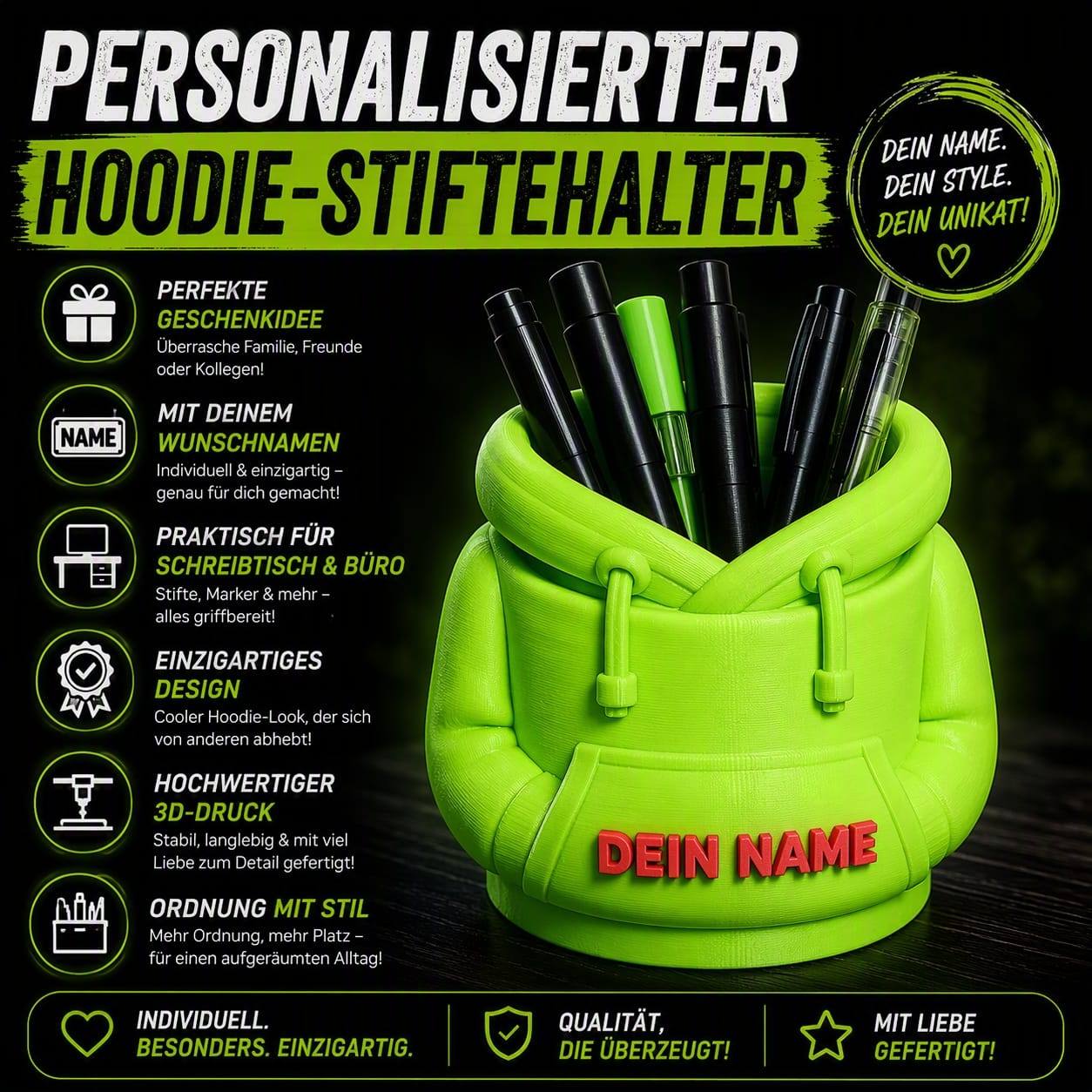 Personalisierter Hoodie Stiftehalter mit Namen – Geschenk für Schreibtisch, Büro & Schule