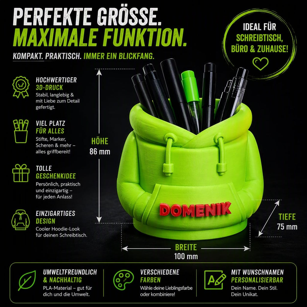 Personalisierter Hoodie Stiftehalter mit Namen – Geschenk für Schreibtisch, Büro & Schule